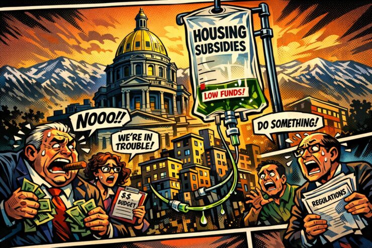 Comic-style Colorado capitol looming over apartment buildings and stacks of cash tied to Proposition 123 housing subsidies