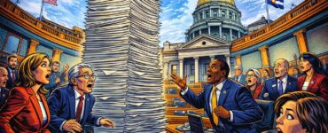 Comic-style Colorado Capitol chamber with lawmakers and a giant stack of budget pages spilling across the floor