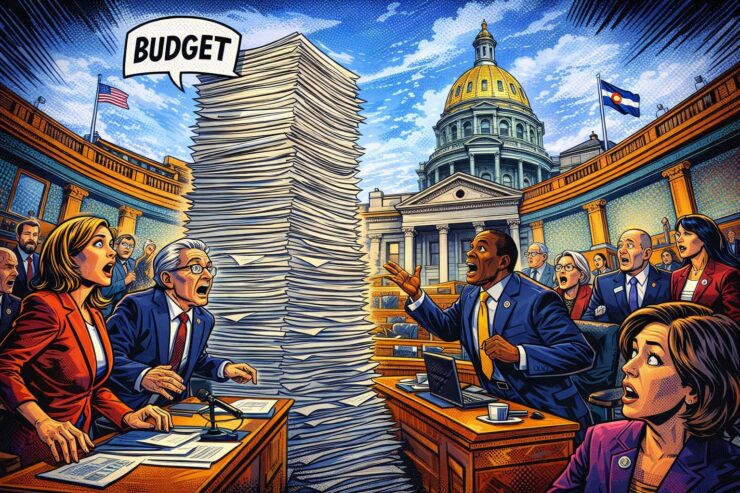 Comic-style Colorado Capitol chamber with lawmakers and a giant stack of budget pages spilling across the floor
