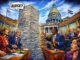 Comic-style Colorado Capitol chamber with lawmakers and a giant stack of budget pages spilling across the floor
