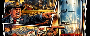 Comic-style data center near Weld County farmland with a county official pointing at a water gauge