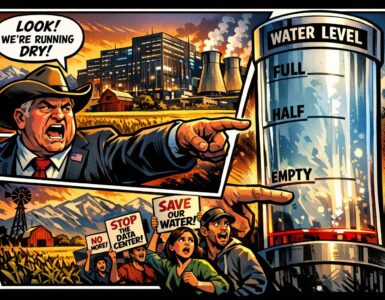 Comic-style data center near Weld County farmland with a county official pointing at a water gauge