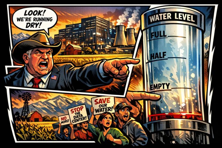 Comic-style data center near Weld County farmland with a county official pointing at a water gauge