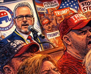 Scott Bottoms at a chaotic Colorado Republican assembly in Pueblo with ballots and delegates in an arena