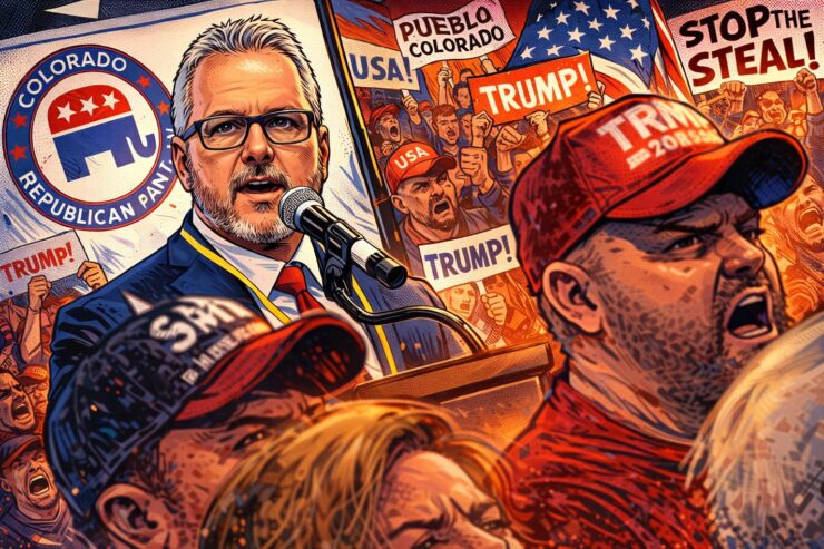 Scott Bottoms at a chaotic Colorado Republican assembly in Pueblo with ballots and delegates in an arena