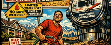 Comic-style suburban Colorado homeowner staring at a brown lawn while sprinkler restriction signs loom nearby