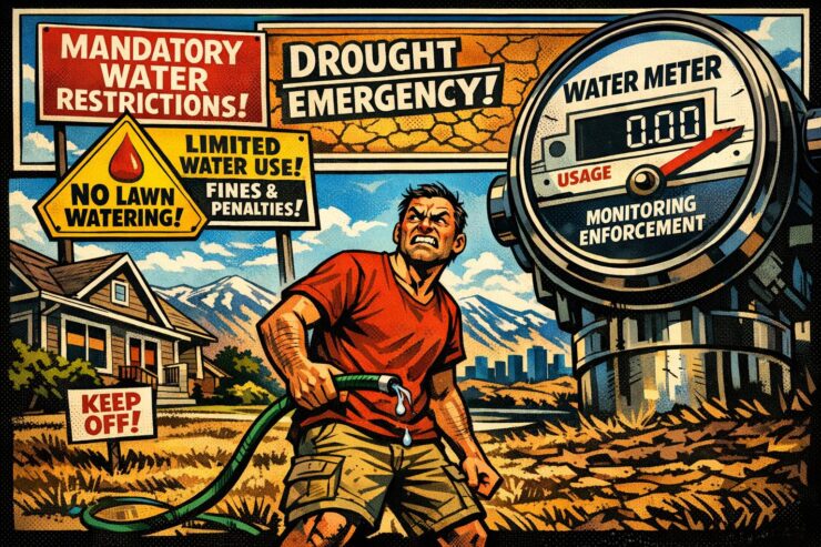 Comic-style suburban Colorado homeowner staring at a brown lawn while sprinkler restriction signs loom nearby