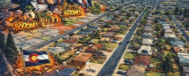 Comic-style map of Colorado with growth clustered in a few counties and emptying areas elsewhere