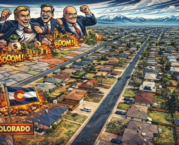 Comic-style map of Colorado with growth clustered in a few counties and emptying areas elsewhere