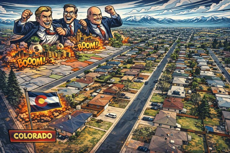 Comic-style map of Colorado with growth clustered in a few counties and emptying areas elsewhere