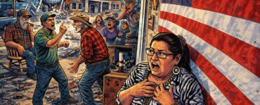 Comic-style tiny Colorado town with damaged water tower, municipal building, and residents arguing in the street.