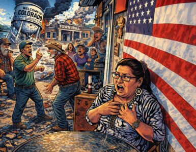 Comic-style tiny Colorado town with damaged water tower, municipal building, and residents arguing in the street.