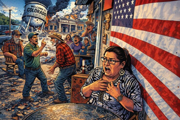 Comic-style tiny Colorado town with damaged water tower, municipal building, and residents arguing in the street.