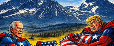 Comic-style federal officials moving Forest Service boxes toward Salt Lake City with mountains in the background