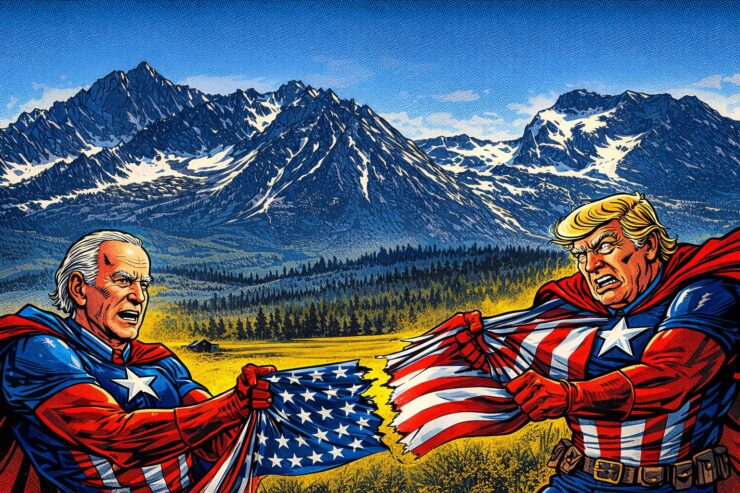 Comic-style federal officials moving Forest Service boxes toward Salt Lake City with mountains in the background