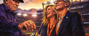 Comic-style image of Greg Penner and Dick Monfort in a baseball stadium with Colorado mountains in the background