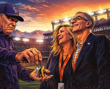 Comic-style image of Greg Penner and Dick Monfort in a baseball stadium with Colorado mountains in the background