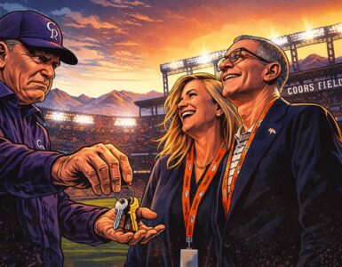 Comic-style image of Greg Penner and Dick Monfort in a baseball stadium with Colorado mountains in the background