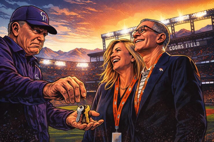Comic-style image of Greg Penner and Dick Monfort in a baseball stadium with Colorado mountains in the background
