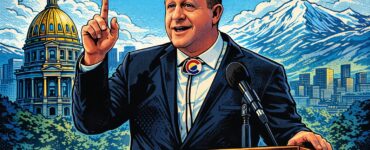 Comic-style scene of Colorado Democratic politicians looking worried over poll numbers and rising living costs.