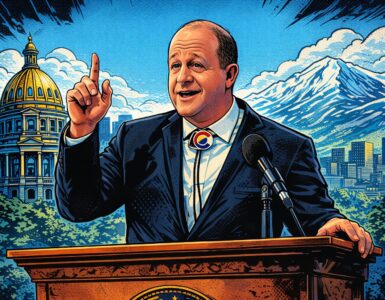 Comic-style scene of Colorado Democratic politicians looking worried over poll numbers and rising living costs.