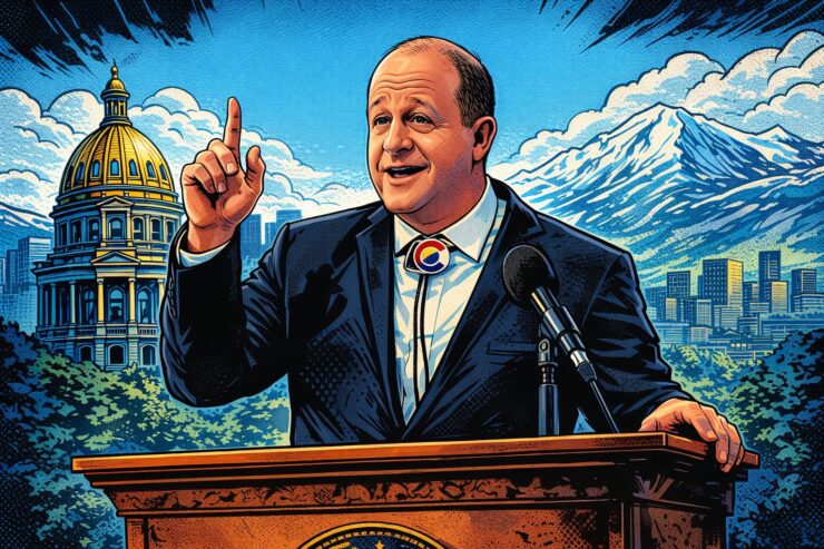 Comic-style scene of Colorado Democratic politicians looking worried over poll numbers and rising living costs.