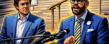 Comic-style illustration of a Denver Public Schools building with homeowners handing over cash and tax papers