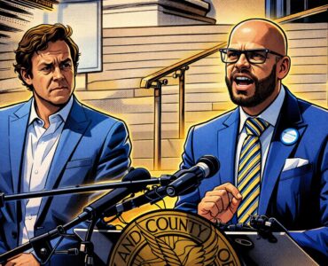 Comic-style illustration of a Denver Public Schools building with homeowners handing over cash and tax papers