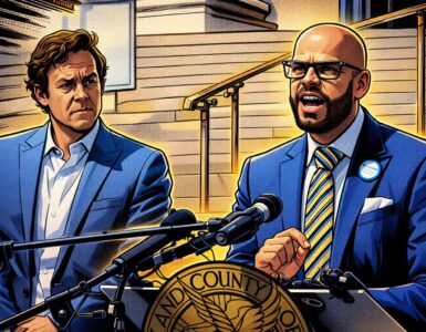Comic-style illustration of a Denver Public Schools building with homeowners handing over cash and tax papers
