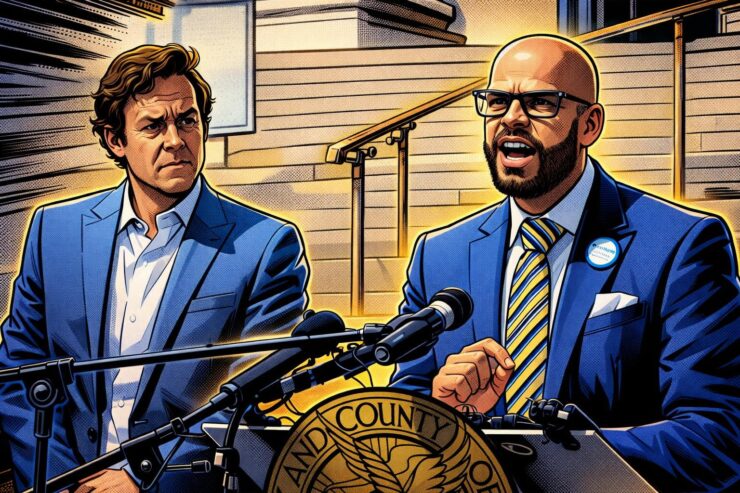 Comic-style illustration of a Denver Public Schools building with homeowners handing over cash and tax papers