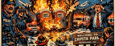 Burning porta-potties and a scorched tree in a mountain park at night in Nederland, Colorado