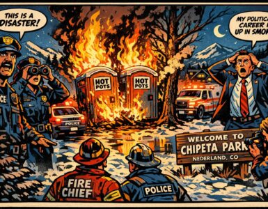 Burning porta-potties and a scorched tree in a mountain park at night in Nederland, Colorado