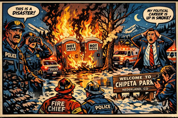 Burning porta-potties and a scorched tree in a mountain park at night in Nederland, Colorado