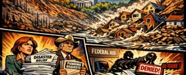 Comic-style scene of burned hills, flood damage, and Colorado officials facing a federal denial notice