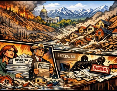 Comic-style scene of burned hills, flood damage, and Colorado officials facing a federal denial notice