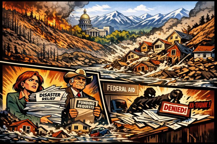 Comic-style scene of burned hills, flood damage, and Colorado officials facing a federal denial notice