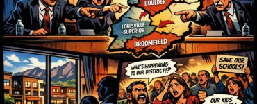 Comic-style school board meeting in Boulder with parents and shrinking school map