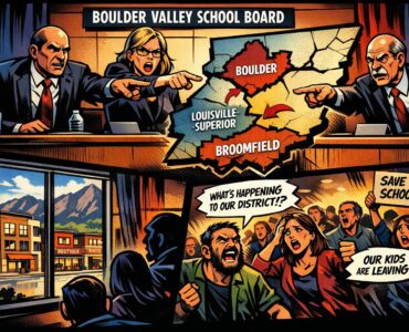 Comic-style school board meeting in Boulder with parents and shrinking school map