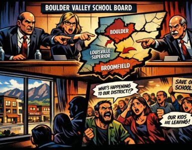Comic-style school board meeting in Boulder with parents and shrinking school map