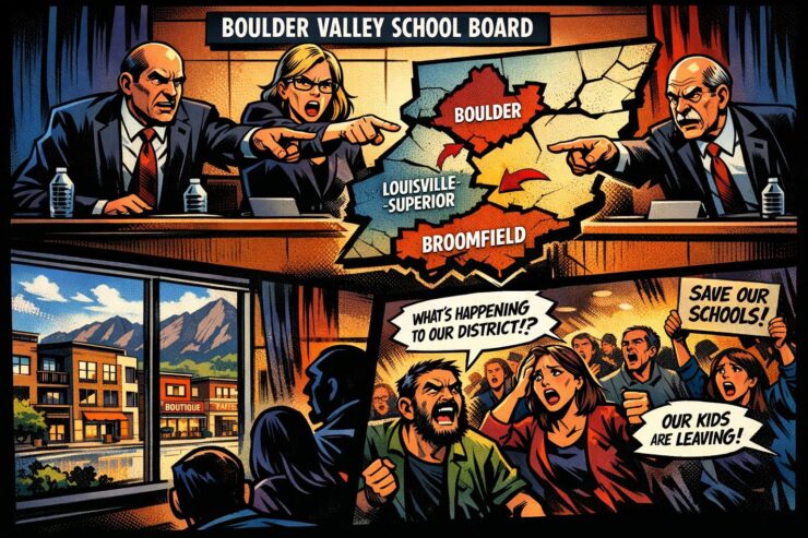 Comic-style school board meeting in Boulder with parents and shrinking school map