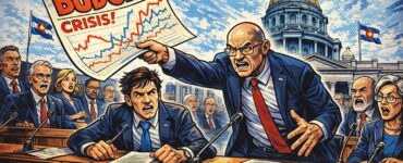 A worried Colorado lawmaker juggles giant budget papers and a Medicaid monster inside the state Capitol.