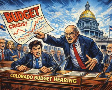 A worried Colorado lawmaker juggles giant budget papers and a Medicaid monster inside the state Capitol.