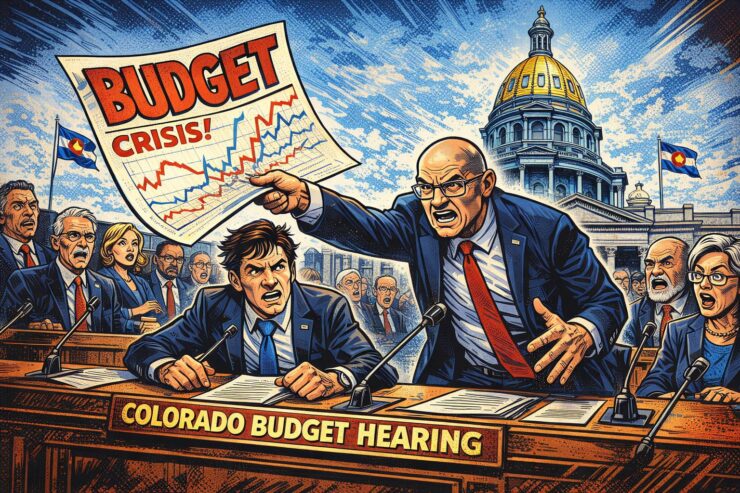 A worried Colorado lawmaker juggles giant budget papers and a Medicaid monster inside the state Capitol.