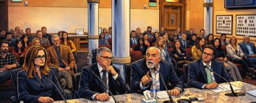 Comic-style scene of Colorado officials presenting wildlife commission nominees to frustrated hunters and anglers