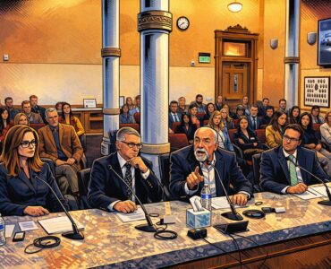 Comic-style scene of Colorado officials presenting wildlife commission nominees to frustrated hunters and anglers