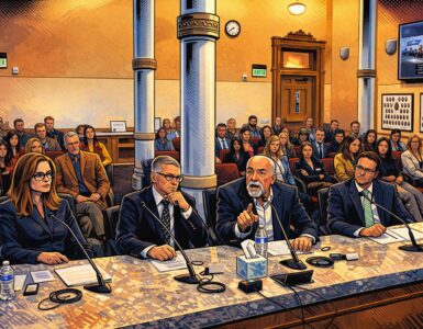 Comic-style scene of Colorado officials presenting wildlife commission nominees to frustrated hunters and anglers
