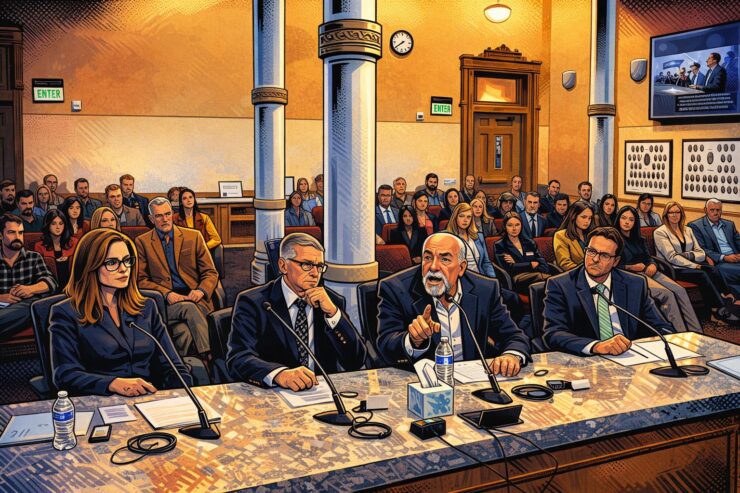 Comic-style scene of Colorado officials presenting wildlife commission nominees to frustrated hunters and anglers