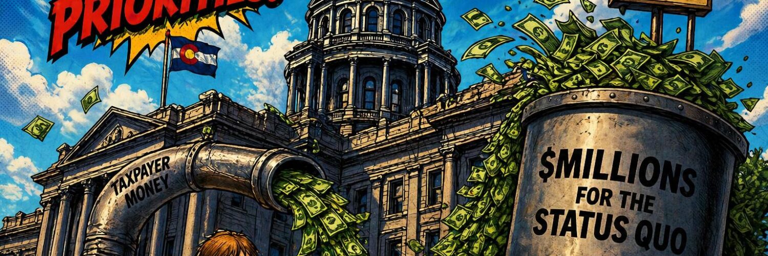 Colorado Capitol with money pipes splitting cash to a small schoolhouse and a larger general fund container