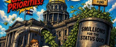 Colorado Capitol with money pipes splitting cash to a small schoolhouse and a larger general fund container