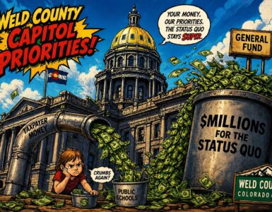 Colorado Capitol with money pipes splitting cash to a small schoolhouse and a larger general fund container